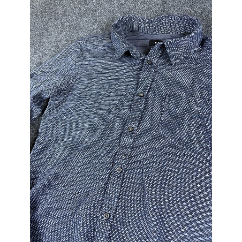 Hugo Boss Shirt‎ Mens  XL Blue Knitted Cotton Slim Fit Button Up
